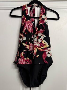 Fantasizer XL/16 One Piece Halter Swimsuit with Overskirt Black w/Floral Print